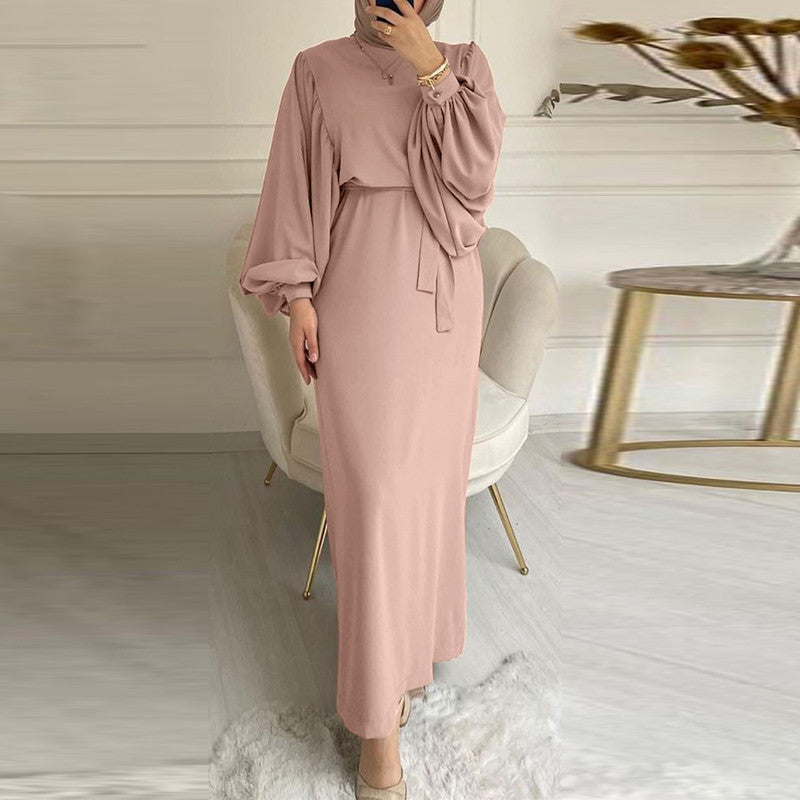 Solid Color Long Sleeve Casual Muslim Dress Robe