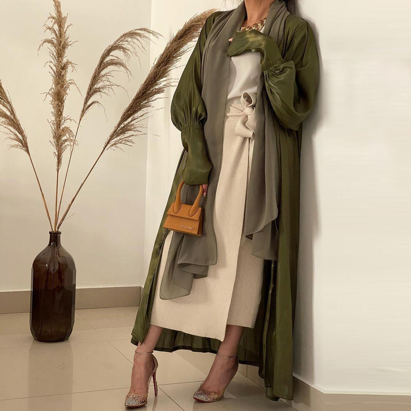 Dubai Arab Satin Cardigan Gowns - Gowns for women available in Green