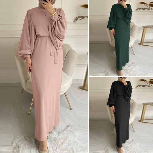 Solid Color Long Sleeve Casual Muslim Dress Robe