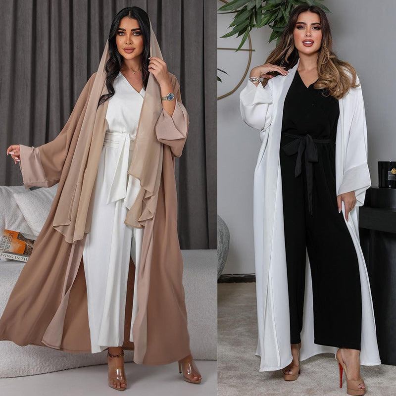 Muslim Cardigan Coat Elegant Chiffon Patchwork - Stylish Oversleeves